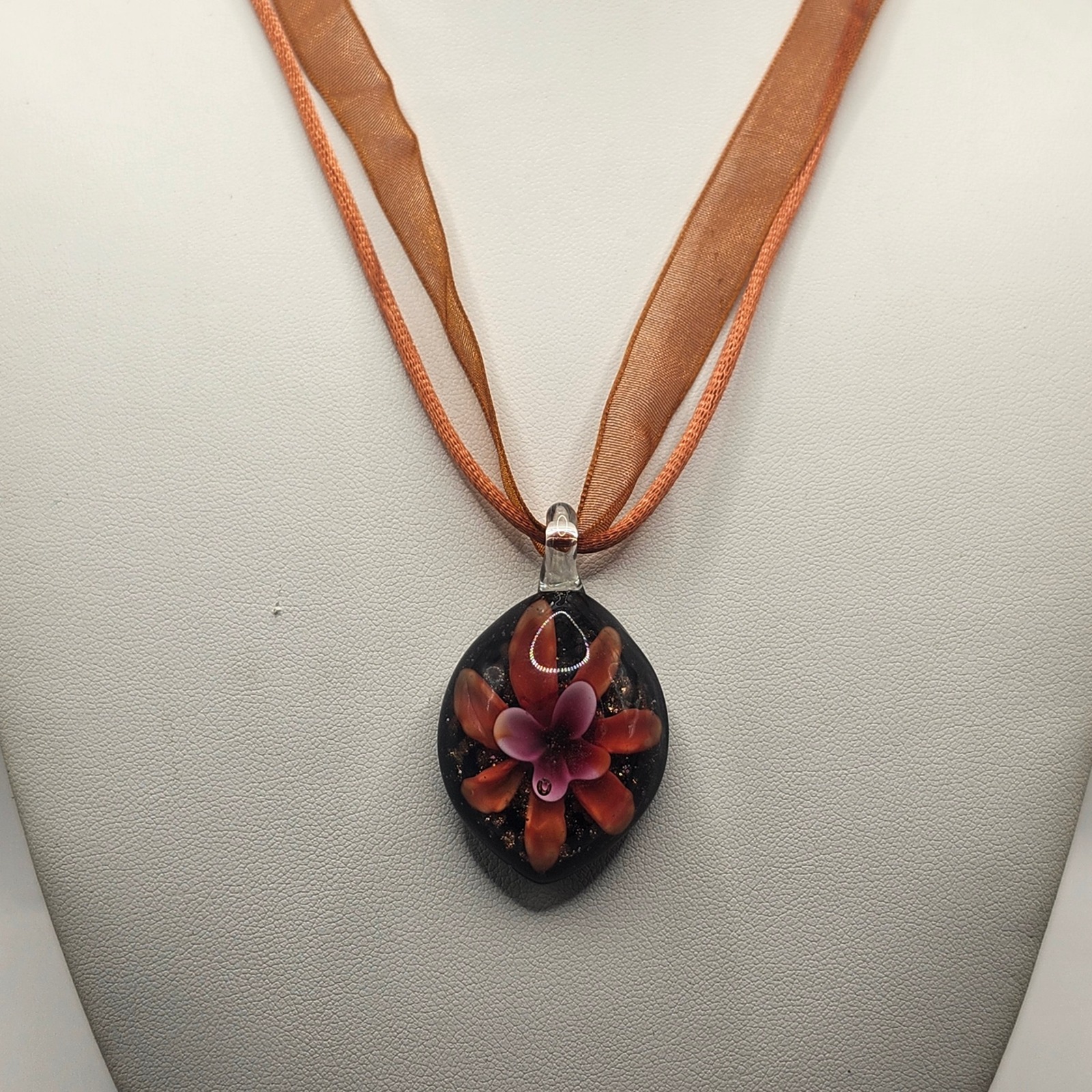 Handmade Lampwork Glass Flower Pendant Necklace Orange Ribbon Cord Art Glass